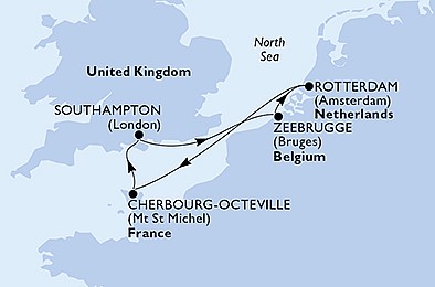Veľká Británia, Belgicko, Holandsko, Francúzsko zo Southamptonu na lodi MSC Virtuosa