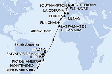 Argentína, Uruguaj, Brazília, Španielsko, Portugalsko, Veľká Británia, Francúzsko, Holandsko z Buenos Aires na lodi MSC Poesia, plavba s bonusom