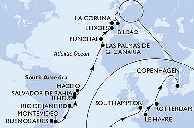 Argentína, Uruguaj, Brazília, Španielsko, Portugalsko, Veľká Británia, Holandsko, Dánsko z Buenos Aires na lodi MSC Poesia, plavba s bonusom