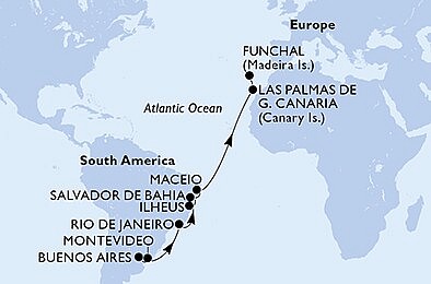 Argentína, Uruguaj, Brazília, Španielsko, Portugalsko z Buenos Aires na lodi MSC Poesia