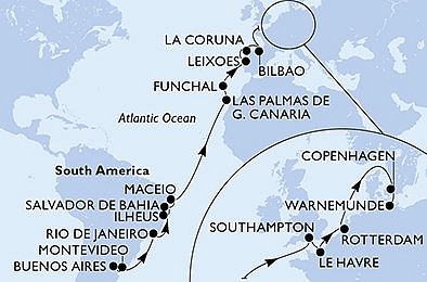 Argentína, Uruguaj, Brazília, Španielsko, Portugalsko, Dánsko, Nemecko z Buenos Aires na lodi MSC Poesia, plavba s bonusom