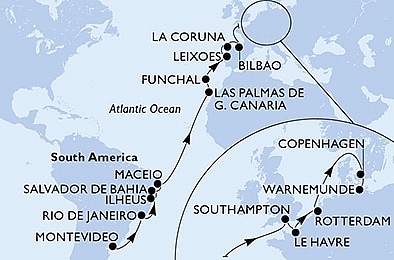Uruguaj, Brazília, Španielsko, Portugalsko, Veľká Británia, Holandsko, Dánsko, Nemecko z Montevidea na lodi MSC Poesia, plavba s bonusom