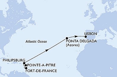 Martinik, Guadeloupe, Svatý Martin, Portugalsko z Fort de France, Martinik na lodi MSC Virtuosa, plavba s bonusom
