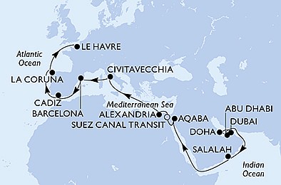 Spojené arabské emiráty, Katar, Omán, Jordánsko, Egypt, Taliansko, Španielsko, Francúzsko z Dubaja na lodi MSC Euribia