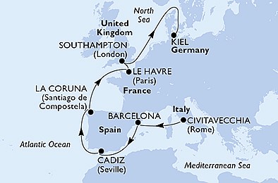 Taliansko, Španielsko, Francúzsko, Veľká Británia, Nemecko z Civitavechie na lodi MSC Euribia, plavba s bonusom