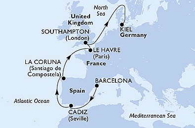 Španielsko, Francúzsko, Veľká Británia, Nemecko z Barcelony na lodi MSC Euribia, plavba s bonusom
