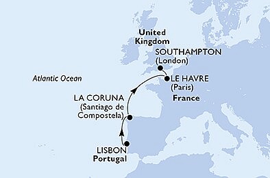Portugalsko, Španielsko, Francúzsko, Veľká Británia z Lisabonu na lodi MSC Virtuosa, plavba s bonusom