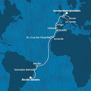 Brazília, Španielsko, Portugalsko, Francúzsko, Veľká Británia, Holandsko z Rio de Janeira na lodi Costa Favolosa