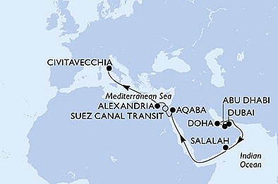 Spojené arabské emiráty, Katar, Omán, Jordánsko, Egypt, Taliansko z Dubaja na lodi MSC Euribia, plavba s bonusom
