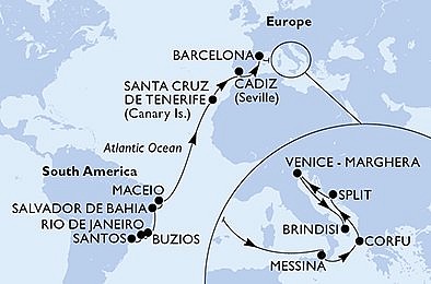 Brazília, Španielsko, Taliansko, Grécko, Chorvátsko zo Santosu na lodi MSC Armonia