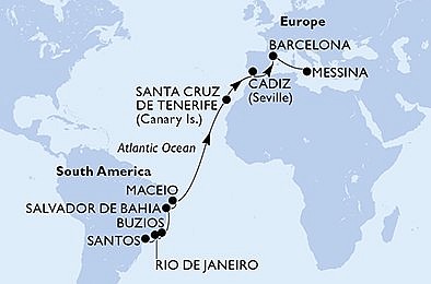 Brazília, Španielsko, Taliansko zo Santosu na lodi MSC Armonia