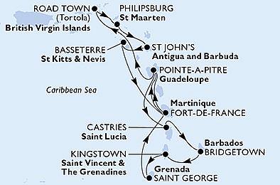 Barbados, Britské Panenské ostrovy, Svatý Martin, Antigua a Barbuda, Svätý Krištof a Nevis, Svätá Lucia z Bridgetownu na lodi MSC Virtuosa