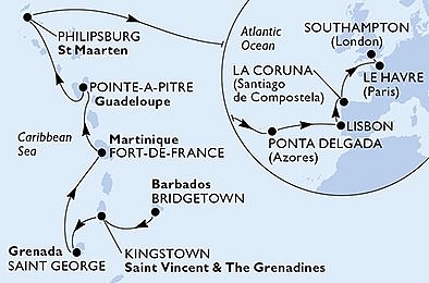 Barbados, Svätý Vincent a Grenadiny, Portugalsko, Španielsko, Francúzsko, Veľká Británia z Bridgetownu na lodi MSC Virtuosa, plavba s bonusom