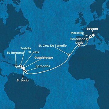 Taliansko, Francúzsko, Španielsko, Barbados, Guadeloupe, Svätý Krištof a Nevis, ... zo Savony na lodi Costa Fascinosa