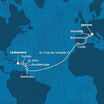 Taliansko, Francúzsko, Španielsko, Barbados, Guadeloupe, Svätý Krištof a Nevis, ... zo Savony na lodi Costa Fascinosa