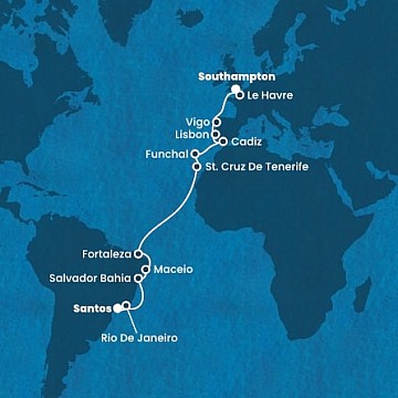 Brazília, Španielsko, Portugalsko, Francúzsko, Veľká Británia zo Santosu na lodi Costa Diadema