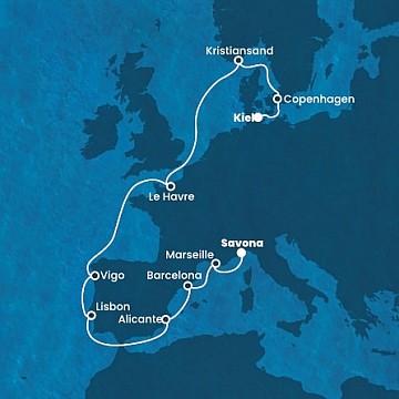 Nemecko, Dánsko, Nórsko, Francúzsko, Španielsko, Portugalsko, Taliansko z Kielu na lodi Costa Diadema