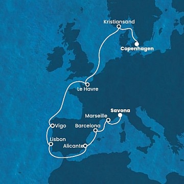 Dánsko, Nórsko, Francúzsko, Španielsko, Portugalsko, Taliansko z Kodaně na lodi Costa Diadema