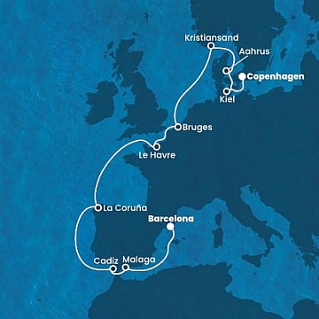 Španielsko, Francúzsko, Belgicko, Nórsko, Dánsko, Nemecko z Barcelony na lodi Costa Diadema