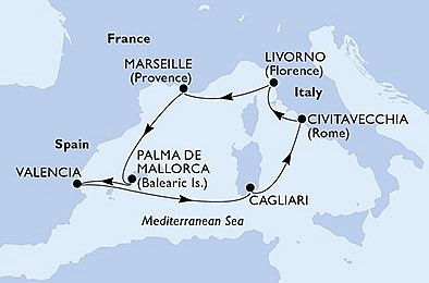 Španielsko, Taliansko, Francúzsko z Valencie na lodi MSC Lirica