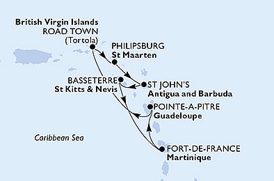 Martinik, Guadeloupe, Britské Panenské ostrovy, Svatý Martin, Antigua a Barbuda, Svätý Krištof a Nevis z Fort de France, Martinik na lodi MSC Virtuosa