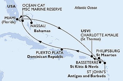 USA, Svätý Krištof a Nevis, Svatý Martin, Antigua a Barbuda, Dominikánska republika, Bahamy z Miami na lodi MSC Divina, plavba s bonusom