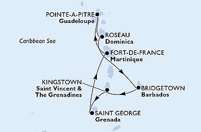 Martinik, Guadeloupe, Dominika, Barbados, Svätý Vincent a Grenadiny, Grenada z Fort de France, Martinik na lodi MSC Virtuosa, plavba s bonusom