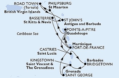 Martinik, Guadeloupe, Svatý Martin, Britské Panenské ostrovy, Antigua a Barbuda, ... z Fort de France, Martinik na lodi MSC Virtuosa