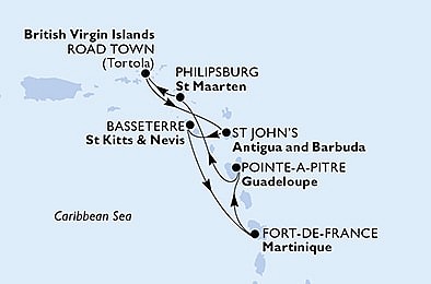 Martinik, Guadeloupe, Svatý Martin, Britské Panenské ostrovy, ... z Fort de France, Martinik na lodi MSC Virtuosa, plavba s bonusom