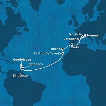 Guadeloupe, Svätý Vincent a Grenadiny, Barbados, Španielsko, Portugalsko, Francúzsko, Taliansko z Pointe-a-Pitre na lodi Costa Fortuna