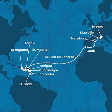 Dominikánska republika, Svätá Lucia, Barbados, Guadeloupe, Antigua a Barbuda, ... z La Romany na lodi Costa Fascinosa
