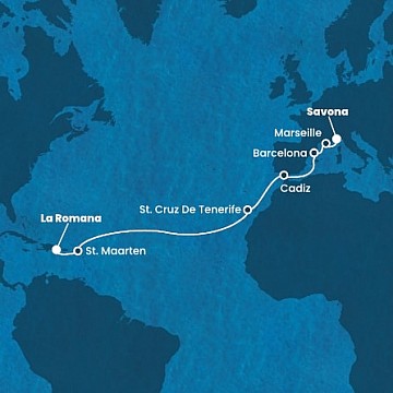 Dominikánska republika, Svatý Martin, Španielsko, Francúzsko, Taliansko z La Romany na lodi Costa Fascinosa