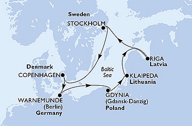 Nemecko, Poľsko, Litva, Lotyšsko, Švédsko, Dánsko z Warnemünde na lodi MSC Poesia