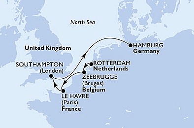 Holandsko, Belgicko, Francúzsko, Veľká Británia, Nemecko z Rotterdamu na lodi MSC Preziosa, plavba s bonusom