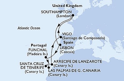 Veľká Británia, Portugalsko, Španielsko zo Southamptonu na lodi MSC Virtuosa, plavba s bonusom