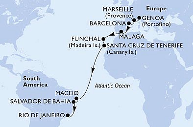 Taliansko, Francúzsko, Španielsko, Portugalsko, Brazília z Janova na lodi MSC Grandiosa, plavba s bonusom