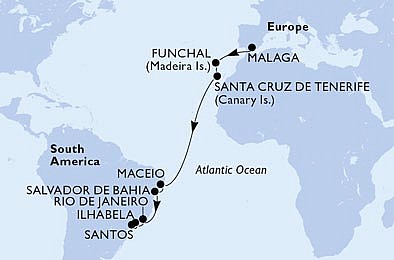 Španielsko, Portugalsko, Brazília z Málagy na lodi MSC Grandiosa, plavba s bonusom