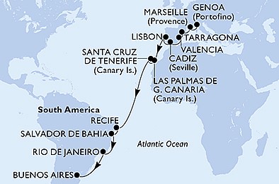 Taliansko, Francúzsko, Španielsko, Portugalsko, Brazília, Argentína z Janova na lodi MSC Poesia, plavba s bonusom