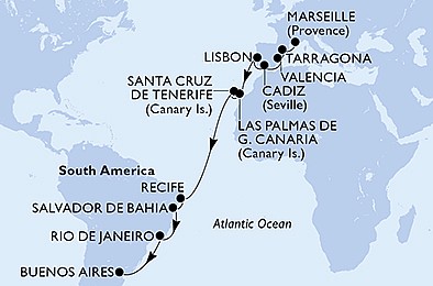 Francúzsko, Španielsko, Portugalsko, Brazília, Argentína z Marseille na lodi MSC Poesia