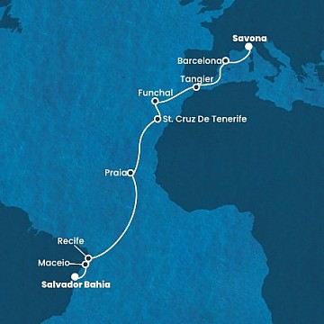 Taliansko, Španielsko, Maroko, Portugalsko, Kapverdy, Brazília zo Savony na lodi Costa Pacifica