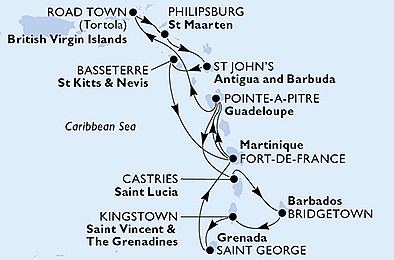 Martinik, Guadeloupe, Britské Panenské ostrovy, Svatý Martin, Svätý Vincent a Grenadiny, Grenada z Fort de France, Martinik na lodi MSC Virtuosa