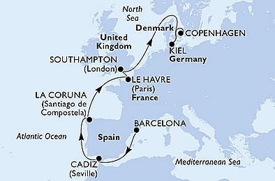 Španielsko, Francúzsko, Veľká Británia, Nemecko, Dánsko z Barcelony na lodi MSC Euribia, plavba s bonusom