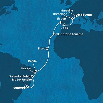 Brazília, Kapverdy, Španielsko, Portugalsko, Francúzsko, Taliansko zo Santosu na lodi Costa Pacifica