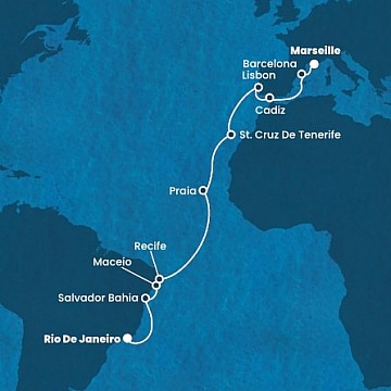 Brazília, Kapverdy, Španielsko, Portugalsko, Francúzsko z Rio de Janeira na lodi Costa Pacifica