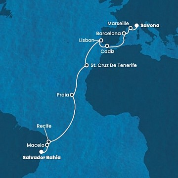 Brazília, Kapverdy, Španielsko, Portugalsko, Francúzsko, Taliansko zo Salvadoru na lodi Costa Pacifica