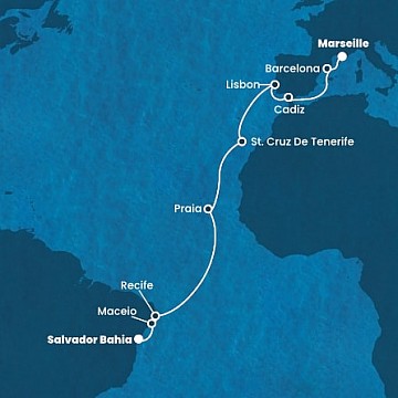 Brazília, Kapverdy, Španielsko, Portugalsko, Francúzsko zo Salvadoru na lodi Costa Pacifica