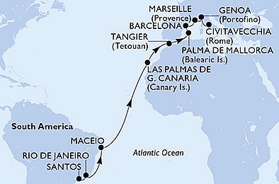 Brazília, Španielsko, Francúzsko, Taliansko zo Santosu na lodi MSC Seaview, plavba s bonusom