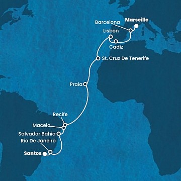 Brazília, Kapverdy, Španielsko, Portugalsko, Francúzsko zo Santosu na lodi Costa Pacifica