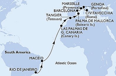 Brazília, Španielsko, Francúzsko, Taliansko z Rio de Janeira na lodi MSC Seaview