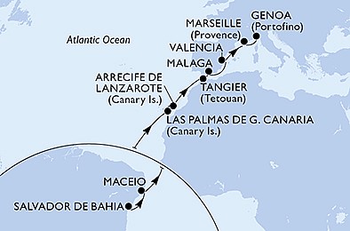 Brazília, Španielsko, Maroko, Francúzsko, Taliansko zo Salvadoru na lodi MSC Grandiosa
